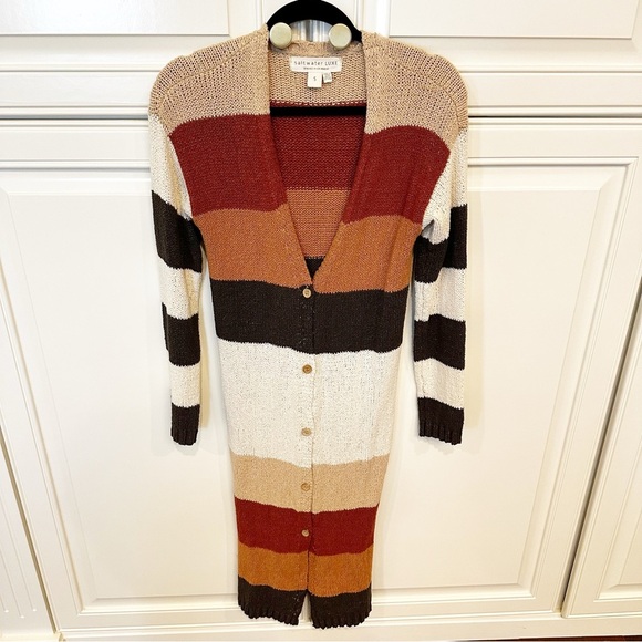 Saltwater Luxe Womens Beachy Chunky Knit Striped Long Line Cardigan Cotton Blend - Picture 1 of 9